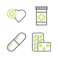 Set line Pills in blister pack, Medicine pill or tablet, bottle and Heart with cross icon. Vector Royalty Free Stock Photo