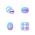 Set line Pills in blister pack, Virus, Medicine pill or tablet and Corona virus covid-19. Gradient color icons. Vector