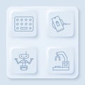 Set line Pills in blister pack, Wireless charger, Robot and Robotic robot arm hand factory. White square button. Vector Royalty Free Stock Photo