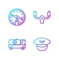 Set line Pilot hat, Fuel tanker truck, Compass and Aircraft steering helm. Gradient color icons. Vector