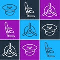Set line Pilot hat, Plane propeller and Airplane seat icon. Vector