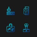 Set line Pilot, Suitcase, Airport control tower and Passport with ticket. Gradient color icons. Vector