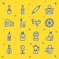 Set line Pinocchio, Limoncello bottle, Pizza, Rolling pin, Mascara brush, Cheese, knife and Gondola icon. Vector