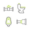 Set line Pipe adapter, Toilet urinal or pissoir, bowl and Industry pipe and valve icon. Vector