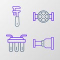 Set line Pipe adapter, Water filter, Industry pipe and valve and adjustable wrench icon. Vector