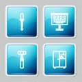 Set line Pipette, Eye test chart, Neurology reflex hammer and Medicine cabinet icon. Vector