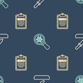 Set line Pipette, GMO and Biohazard and magnifying glass on seamless pattern. Vector