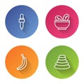 Set line Pipette with oil, Salad in bowl, Banana and Stack hot stones. Color circle button. Vector