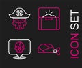 Set line Pirate bandana for head, Skull, Antique treasure chest and captain icon. Vector Royalty Free Stock Photo
