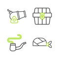 Set line Pirate bandana for head, Smoking pipe, Antique treasure chest and Cannon icon. Vector