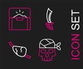 Set line Pirate captain, eye patch, sword and Antique treasure chest icon. Vector Royalty Free Stock Photo