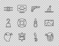 Set line Pirate captain, Skull, Vintage pistols, flag, Rope tied knot, Lifebuoy, sword and treasure map icon. Vector Royalty Free Stock Photo