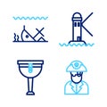 Set line Pirate captain, Wooden pirate leg, Lighthouse and Sunken ship icon. Vector