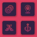 Set line Pirate coin, Crossed pirate swords, Location and Anchor. Blue square button. Vector