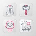 Set line Pirate treasure map, Skull, Medieval axe and helmet icon. Vector