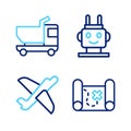 Set line Pirate treasure map, Toy plane, Robot toy and truck icon. Vector