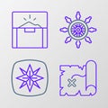 Set line Pirate treasure map, Wind rose, Ship steering wheel and Antique chest icon. Vector Royalty Free Stock Photo