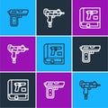 Set line Pistol or gun, Book with pistol and UZI submachine icon. Vector