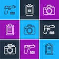 Set line Pistol or gun, Photo camera and Police report icon. Vector Royalty Free Stock Photo