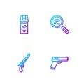 Set line Pistol or gun, Revolver, Pepper spray and search. Gradient color icons. Vector