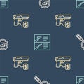 Set line Pistol or gun search, Buying pistol and Weapon catalog on seamless pattern. Vector