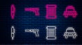 Set line Pistol or gun with silencer, Decree, paper, parchment, scroll, Pen and Police car and flasher. Glowing neon