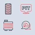 Set line Pit stop, Car radiator cooling system, Racing helmet and tire wheel icon. Vector Royalty Free Stock Photo
