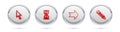 Set line Pixel arrow cursor, Hourglass pixel, Arrow and Pencil. Silver circle button. Vector