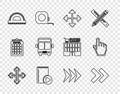 Set line Pixel arrows in four directions, Arrow, Audio book, Protractor grid, Bus, and hand cursor icon. Vector