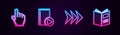 Set line Pixel hand cursor, Audio book, Arrow and Open. Glowing neon icon. Vector