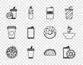 Set line Pizza, Aluminum can soda and donut, Beer, Glass with water, Soda drink, Taco tortilla and Nachos plate icon Royalty Free Stock Photo
