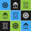 Set line Pizza, Bag or packet potato chips and Noodles in box icon. Vector Royalty Free Stock Photo