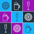 Set line Pizza, Glass of champagne and Mulled wine icon. Vector