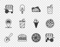 Set line Pizza knife, Fast street food cart, Taco with tortilla, Burger, Glass water, and icon. Vector Royalty Free Stock Photo