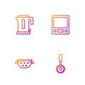 Set line Pizza knife, Kitchen colander, Electric kettle and Electronic scales. Gradient color icons. Vector