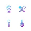 Set line Pizza knife, Spoon, Chef hat with location and Crossed fork and spoon. Gradient color icons. Vector Royalty Free Stock Photo