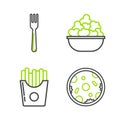 Set line Pizza, Potatoes french fries in carton package box, Popcorn bowl and Fork icon. Vector