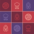 Set line Pizza, Roman army helmet and Italian cook icon. Vector