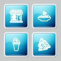 Set line Pizzeria building facade, Nachos plate, Ice cream and icon. Vector