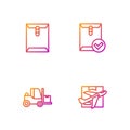 Set line Plane and cardboard box, Forklift truck, Envelope and check mark. Gradient color icons. Vector