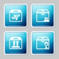 Set line Plane and cardboard box, Cardboard with traffic, and Delivery fragile content icon. Vector