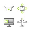 Set line Plane, Computer monitor with app delivery tracking, Cardboard box traffic symbol and icon. Vector