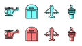 Set line Plane, Helicopter, Aircraft hangar and Radar icon. Vector Royalty Free Stock Photo