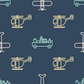 Set line Plane, Helicopter and Airport luggage towing truck on seamless pattern. Vector