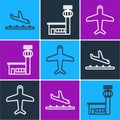 Set line Plane landing, Plane and Airport control tower icon. Vector Royalty Free Stock Photo