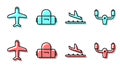Set line Plane landing, Plane, Suitcase and Aircraft steering helm icon. Vector
