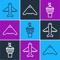 Set line Plane, Radar and Jet fighter icon. Vector Royalty Free Stock Photo