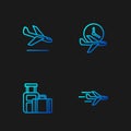 Set line Plane, Suitcase, landing and Flight time. Gradient color icons. Vector Royalty Free Stock Photo