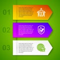 Set line Plane, Waterproof, Globe with flying plane and Gear and arrows as workflow. Business infographic template