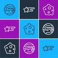 Set line Planet, Asteroid and Falling star icon. Vector Royalty Free Stock Photo